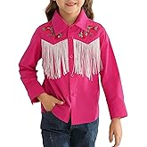 Fdqin Girls Western Cowboy Fringe Shirt Long Sleeve Floral Embroidered Cute Collared Retro Casual Blouses Shirts