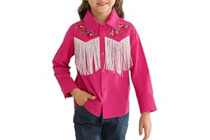 Fdqin Girls Western Cowboy Fringe Shirt Long Sleeve Floral Embroidered Cute Collared Retro Casual Blouses Shirts