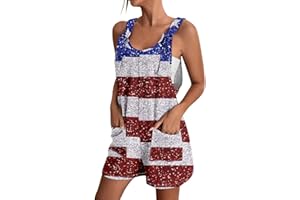ADHOWBEW Womens American Flag Overalls Shorts Trendy Sleeveless Sexy Festival Rompers