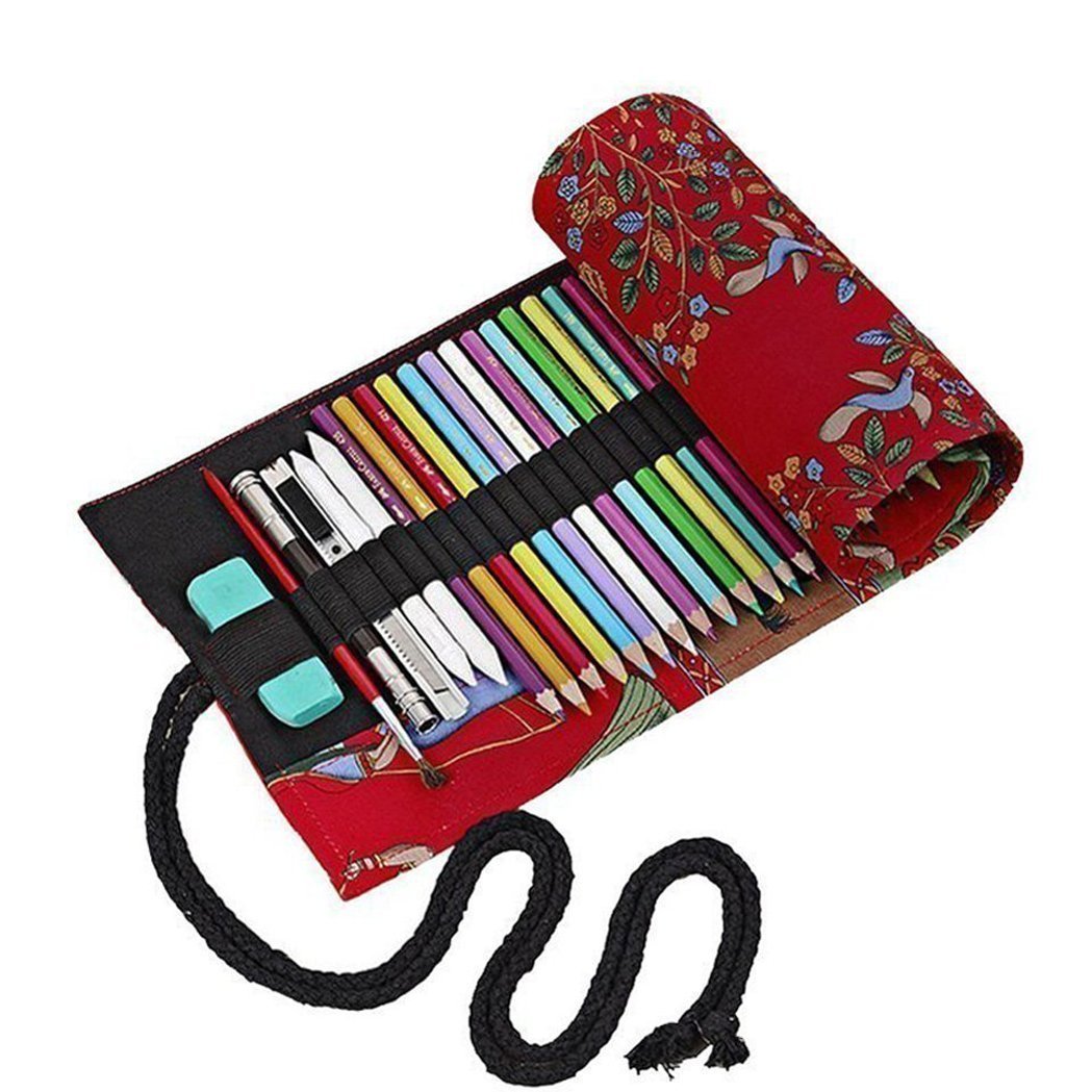 Amoyie Roll Up Pencil Case for 72 Coloured Pencils, Foldable Colouring Pens Organiser Bag, Artist Wrap, Portable Canvas Holder, Red Bohemia