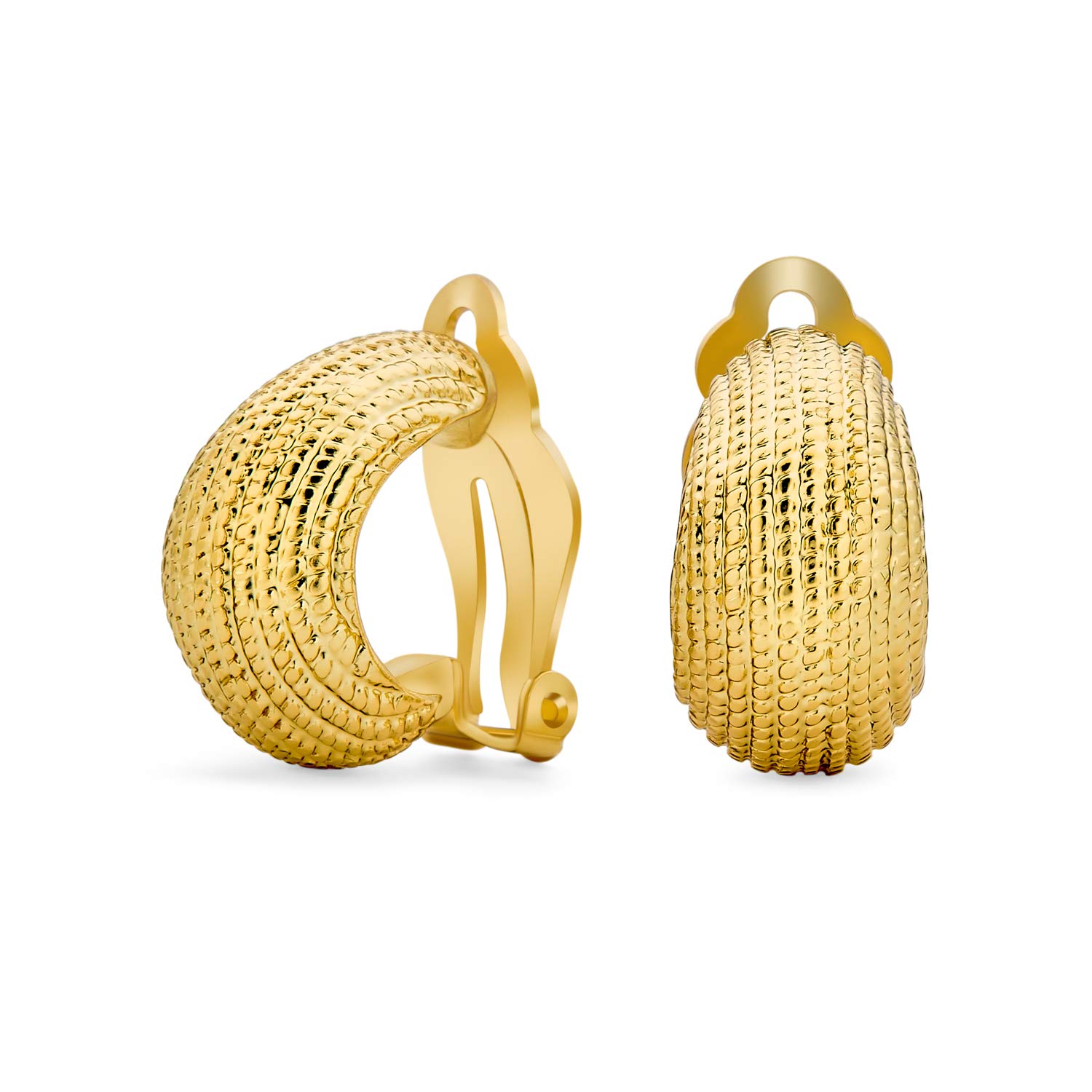 Ribbed Grooved Cable Rope Stripe Wide Half Hoop Dome Curved Clip On Earrings For Women Non Pierced Ears Gold Tone Plated