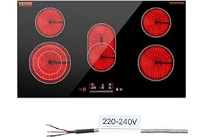 VEVOR Electric Cooktop, 36 inch 5 Burners Built-in Electric Stove Top, 8600W Ceramic Top Radiant Cooktop with Glass Panel, Touch Control, Timer, Child Lock, 9 Heat Level, 220-240V, Hard Wire (No Plug)