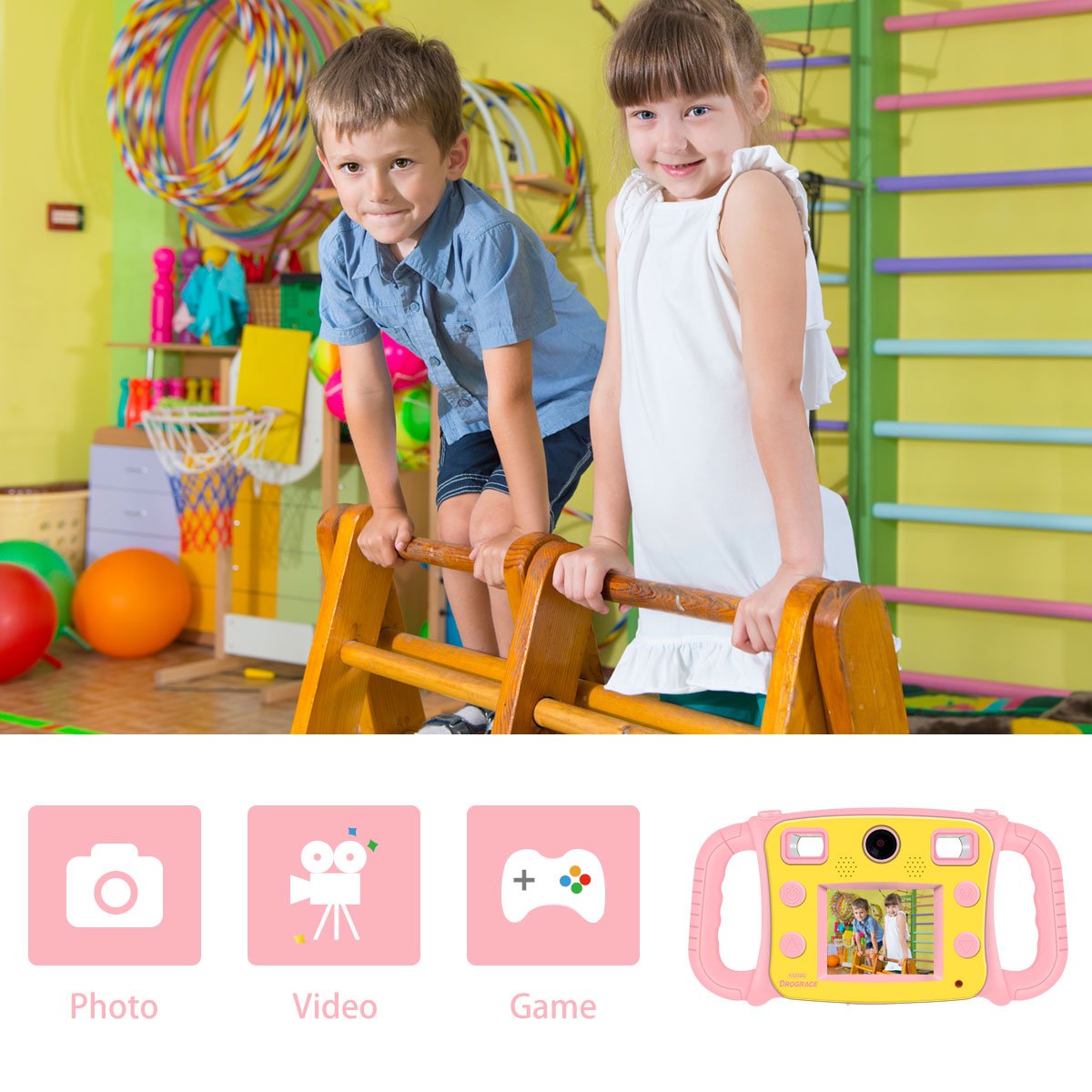 DROGRACE Kids Camera Dual Selfie Cameras 1080P HD Digital Video Camera Gift for Boys Girls Birthday Holidays with 4X Zoom, Flash, Built-in Microphone, Speaker and Drop-Resistant Handles – Pink
