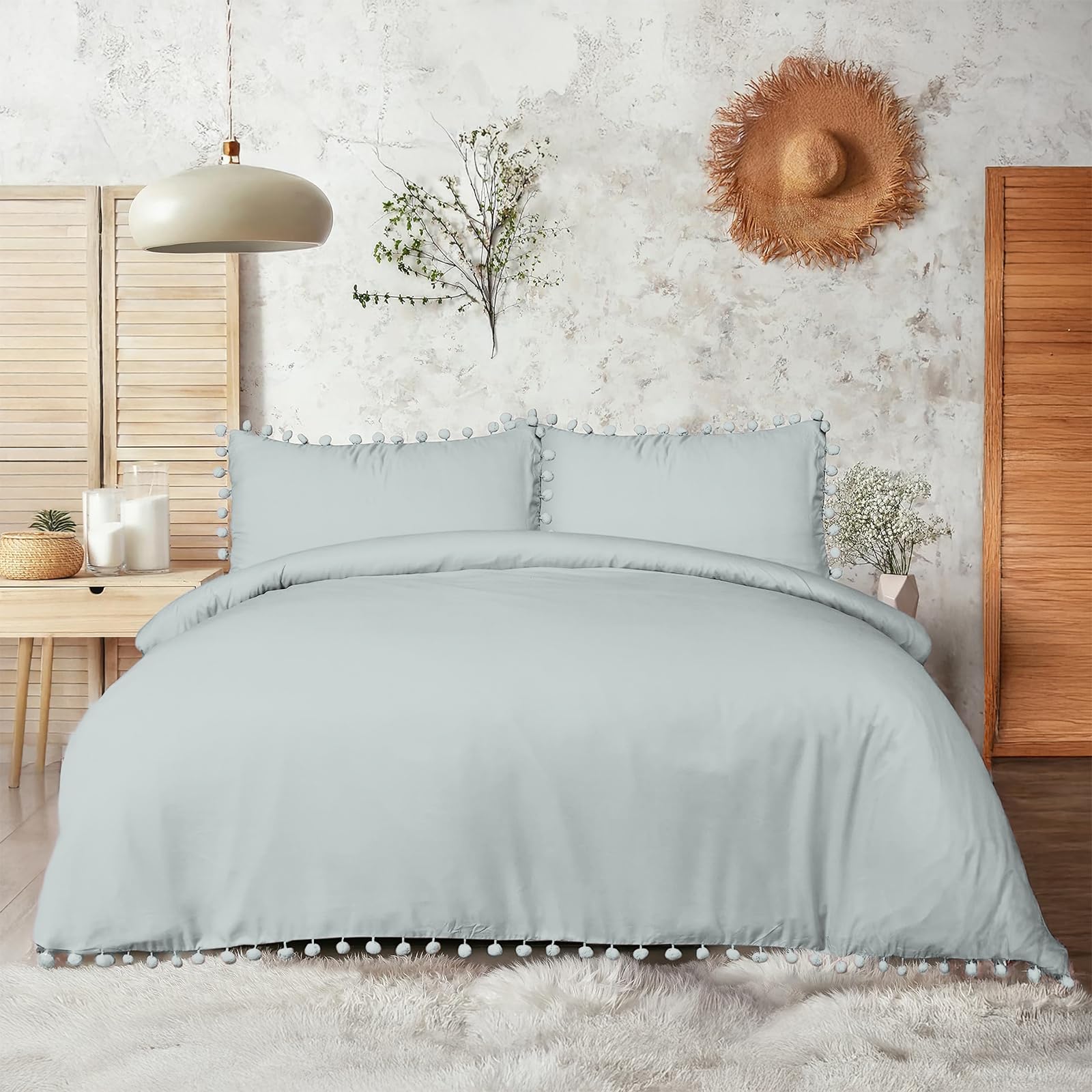 Sleepdown Pom Pom Duck Egg Luxury Easy Care Plain Duvet Cover Quilt Bedding Set with Pillowcases - King (220cm x 230cm) Duckegg 5056242750116