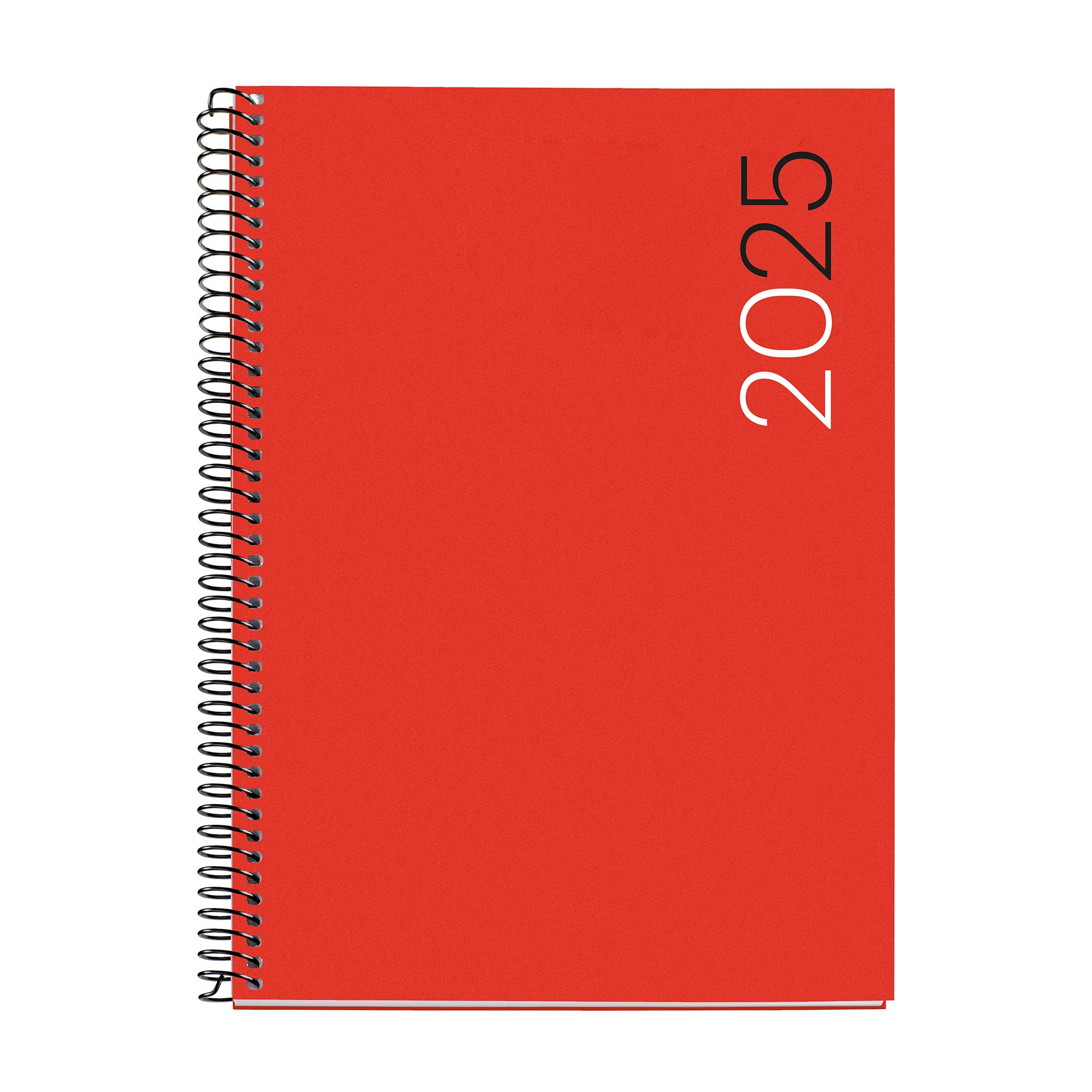 Miquelrius - 2025 Diary, Yearly Diary 155 x 213 mm, Day Page Agenda, Flexible Polypropylene Cover, Spiral, Paper 80 g/m², Catalan, English and Portuguese, Red