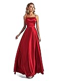 Long Satin Spaghetti Strap Prom Dress Red Size Medium