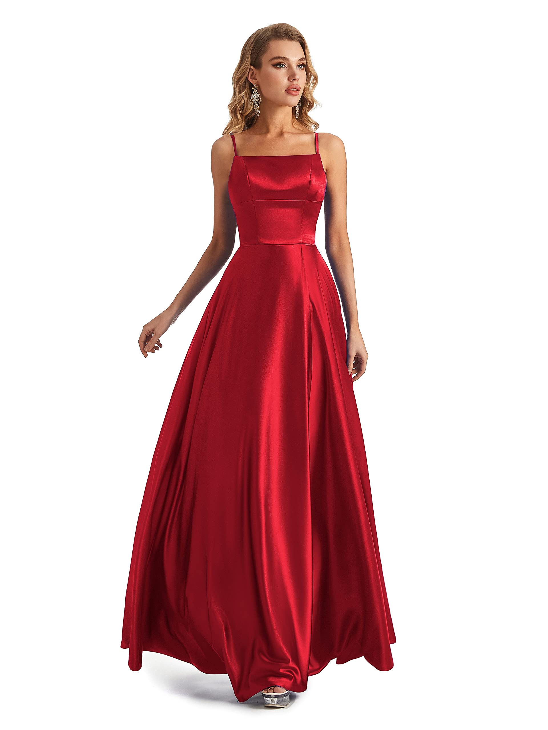 Long Satin Spaghetti Strap Prom Dress Red Size