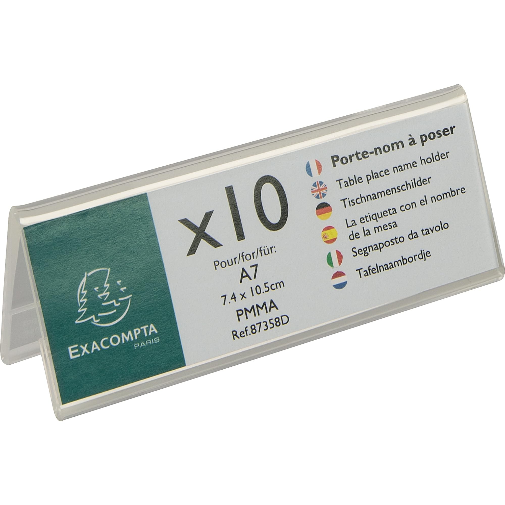 Exacompta - Ref 87358D - Name Tag Display Stand - Suitable for A7 Paper Folded Landscape, Made from PMMA (Acrylic) Material - Clear Transparent (Pack of 10)