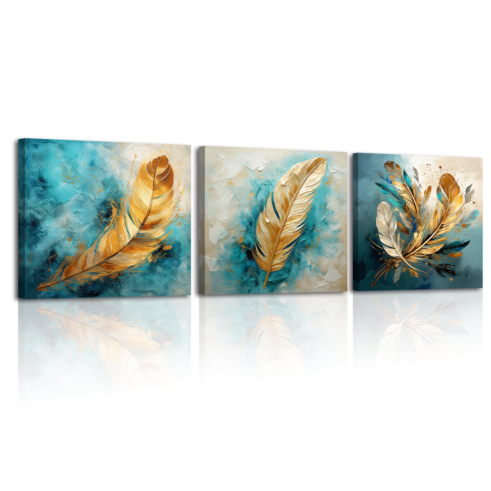 Piy Painting Canvas Wall Art Golden Feather Picture Print on Canvas Abstract Art Poster and Prints, Modern Artwork Painting Wall Art for living room Office Café Gallery Hallway Set of 3, 12x12inch