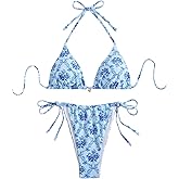 Falainetee Women's Ditsy Floral Print Bathing Suit High Waisted Halter All Over Swimsuit Bikini Set
