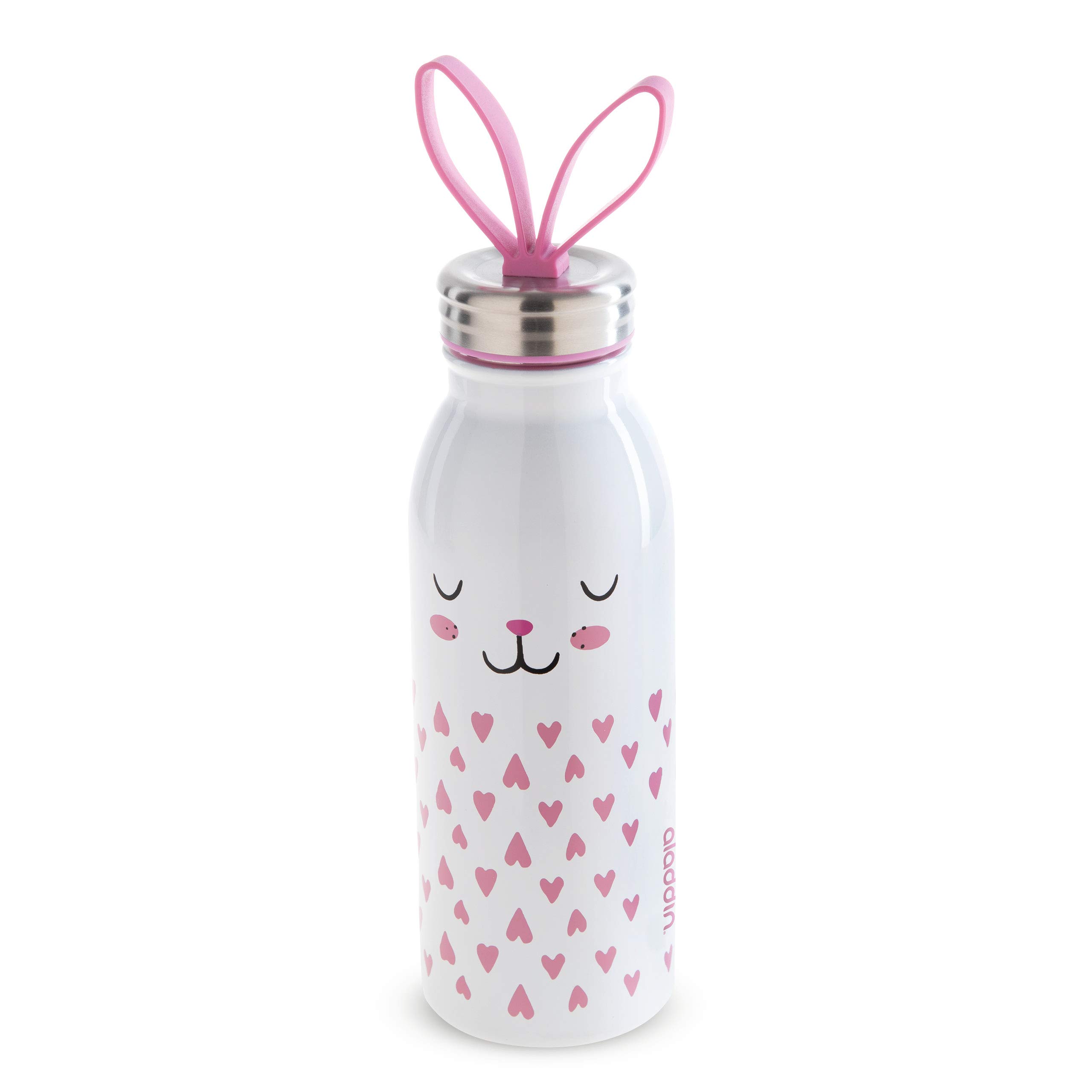 Aladdin Zoo Thermavac Stainless Steel Childrens Water Bottle 0.43L Bunny – Keeps Cold for 7 Hours - Soft Silicone Fingerloop - Kids Water Bottles for School - BPA-Free Thermos Flask - Leakproof