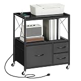 MAHANCRIS File Cabinet with Charging Station, 3 Drawer Lateral Filing Cabinet for Home Office, Mobile Printer Stand with Open Shelf, Fits A4/Letter Size File, Nonwovens Drawer, Black FCHB98E01