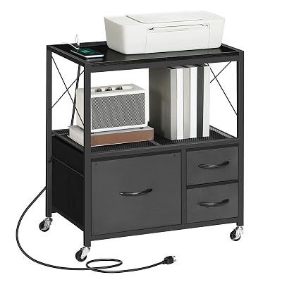 MAHANCRIS File Cabinet with Charging Station, 3 Drawer Lateral Filing Cabinet for Home Office, Mobile Printer Stand with Open Shelf, Fits A4/Letter Size File, Nonwovens Drawer, Black FCHB98E01
