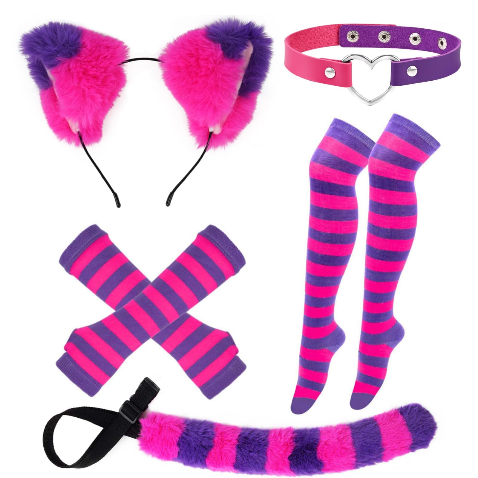 Kavoc 5 Pcs Pink Purple Striped Cat Costume Include Cat Ears Headband,Furry Tail,Choker,Striped Socks and Gloves for World Book Day Dress up