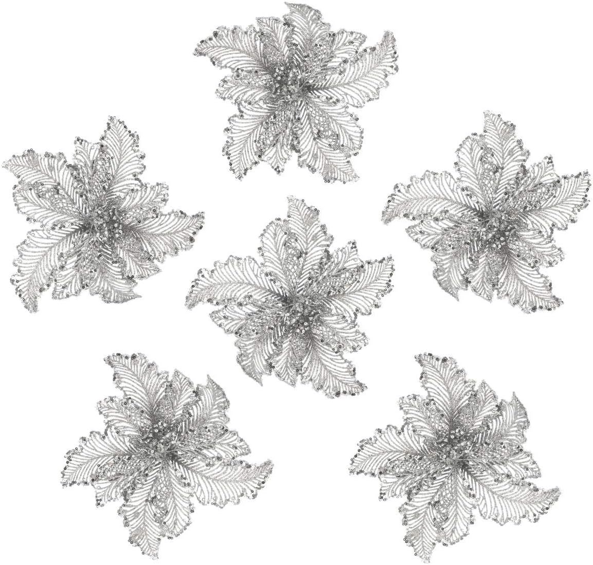 ARCCI Christmas Flower Ornament, Silver Glitter Artificial Poinsettia Flowers Xmas Tree Decorations, 6 PCS, 10.2"/26cm