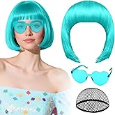 PLULON Aquamarine Bob Wig with Heart Sunglasses and Hair Cap for Women, Short Bob Wigs Synthetic Colored Funny Cosplay Hairpieces for Women Men Daily Bachelorette Halloween Costume Party Decorations