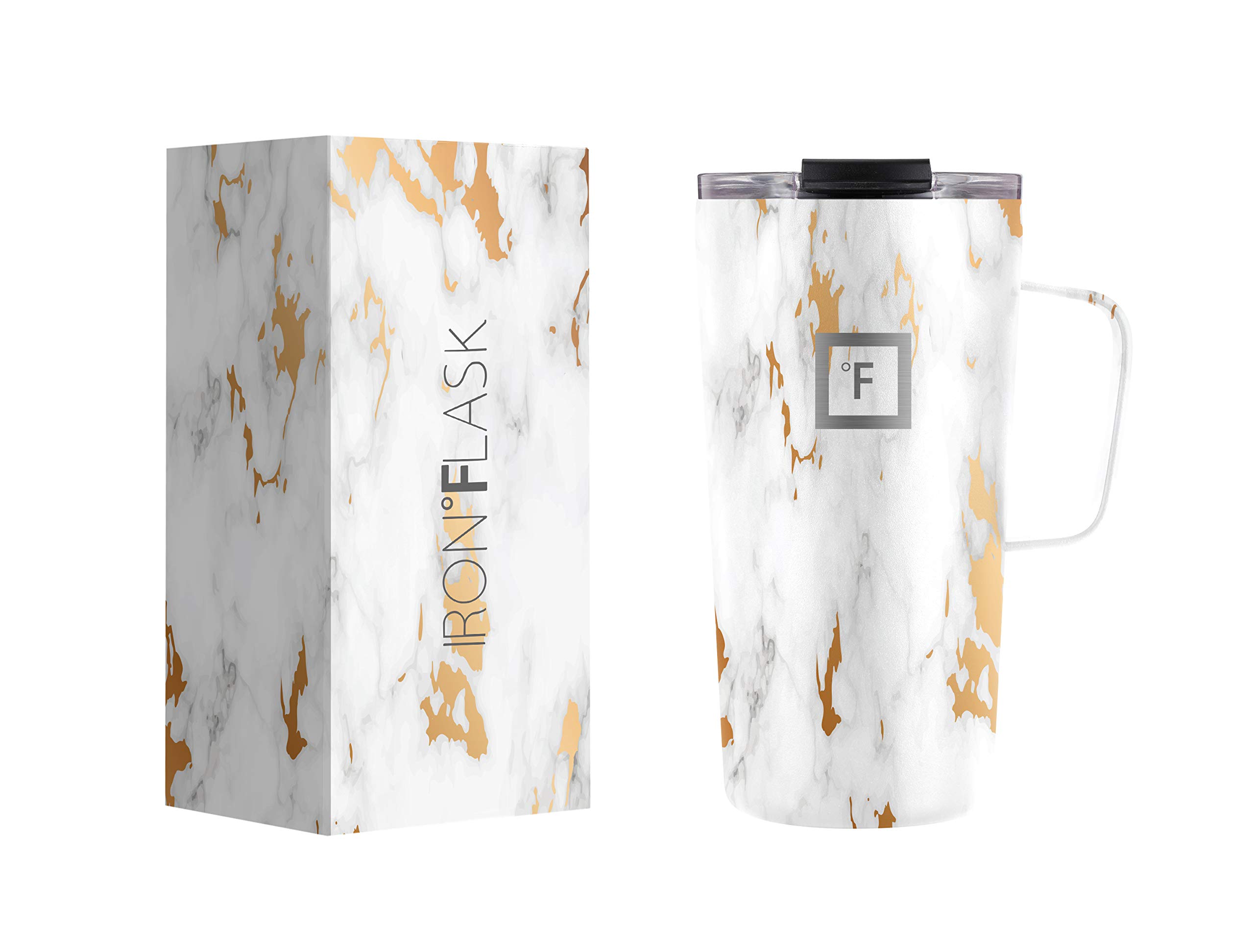 IRON °FLASK Grip Coffee Mug - 470 ml, Leak Proof, Vacuum Insulated Stainless Steel Bottle, Double Walled, Thermo Travel, Hot Cold, Water Metal Canteen (Calacatta)