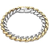 Metro Jewelry Stainless Steel Curb Chain Bracelet for Men with Yellow Gold Ion Plating - 9 Inches Long 11 mm Wide with Fold Over Clasp
