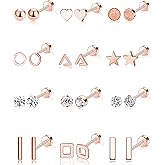 Ofeiyaa 12 Pairs Stainless Steel Earrings Stud Geometric Earrings Set Star Moon Ball Triangle Heart Clear CZ Stud for Womens Silver Rose Gold Tone
