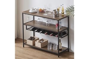 LVB Wine Rack Table, Modern Wine Bar Cabinet Freestanding Floor, Wood and Metal Liquor Cabinet Wine Storage Stand with Bottle Shelf and Glass Holder for Home Kitchen Dining Room, Rustic Oak, 40 Inch