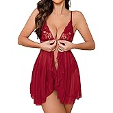 Foxiny Sexy Open Front V Neck Ruffle Sheer Mesh Lace Wireless Babydoll Lingerie Dress with Thong 2 Piece