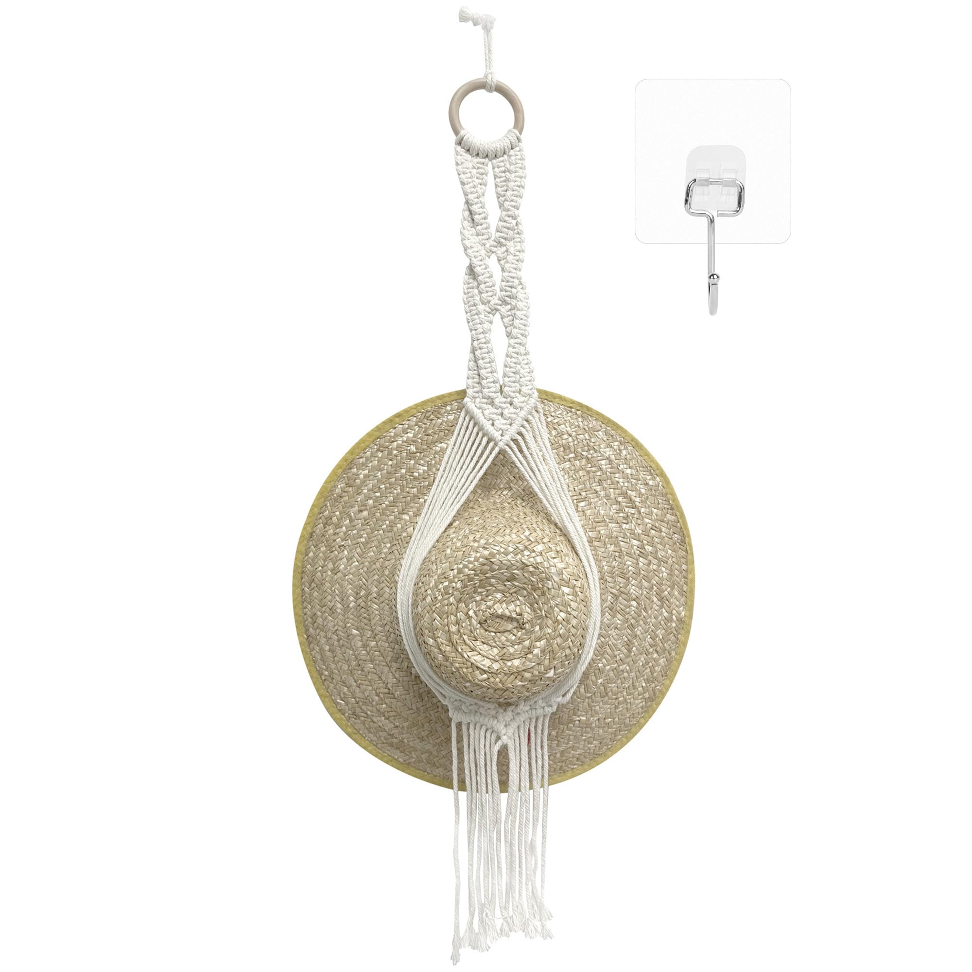 CAIRIAC Macrame Hat Hanger for Wall, Bohemian Hat Rack Organizer Display Wall Hanging, Boho Cowboy Hat Holder for Women, 1 Pack Wall Hat Rack for Wide Brim Hats, Beach Hats, Large Hats (Beige)