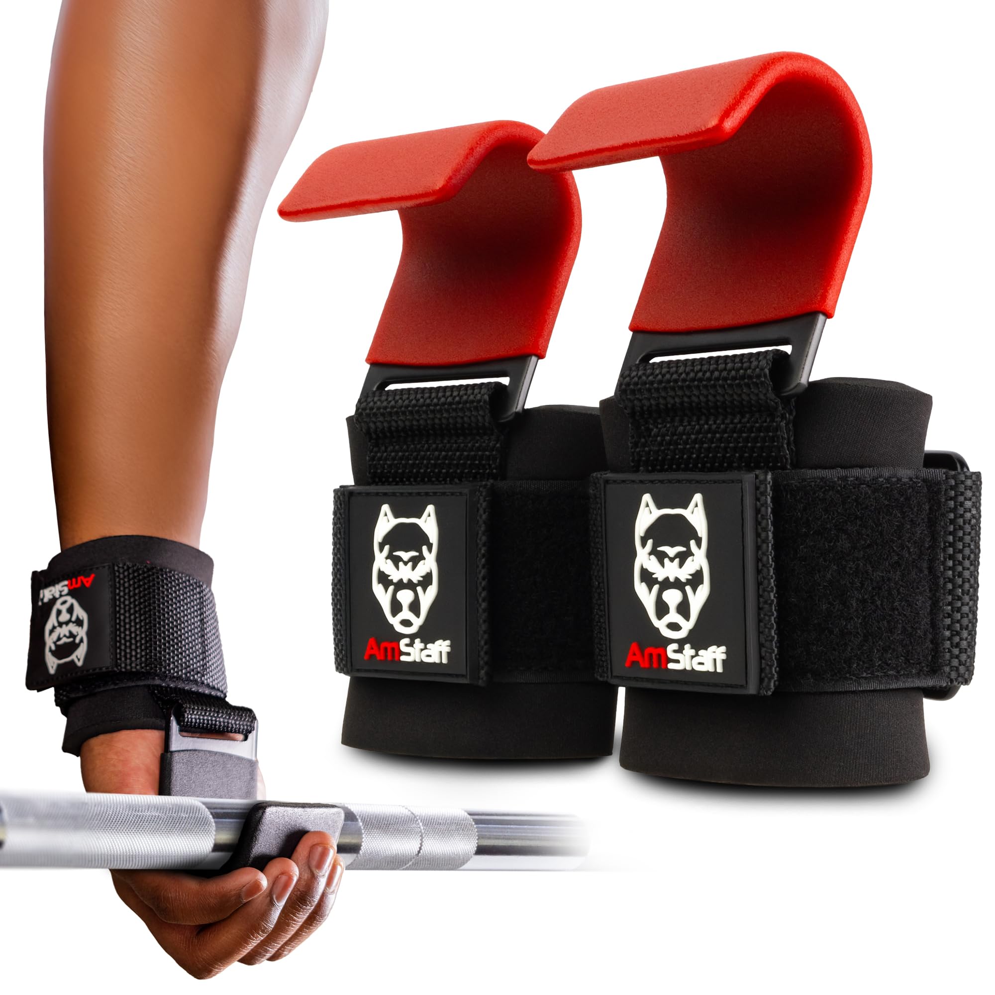 AmStaff Fitness Weight Lifting Hooks Pair Red Wrist Straps