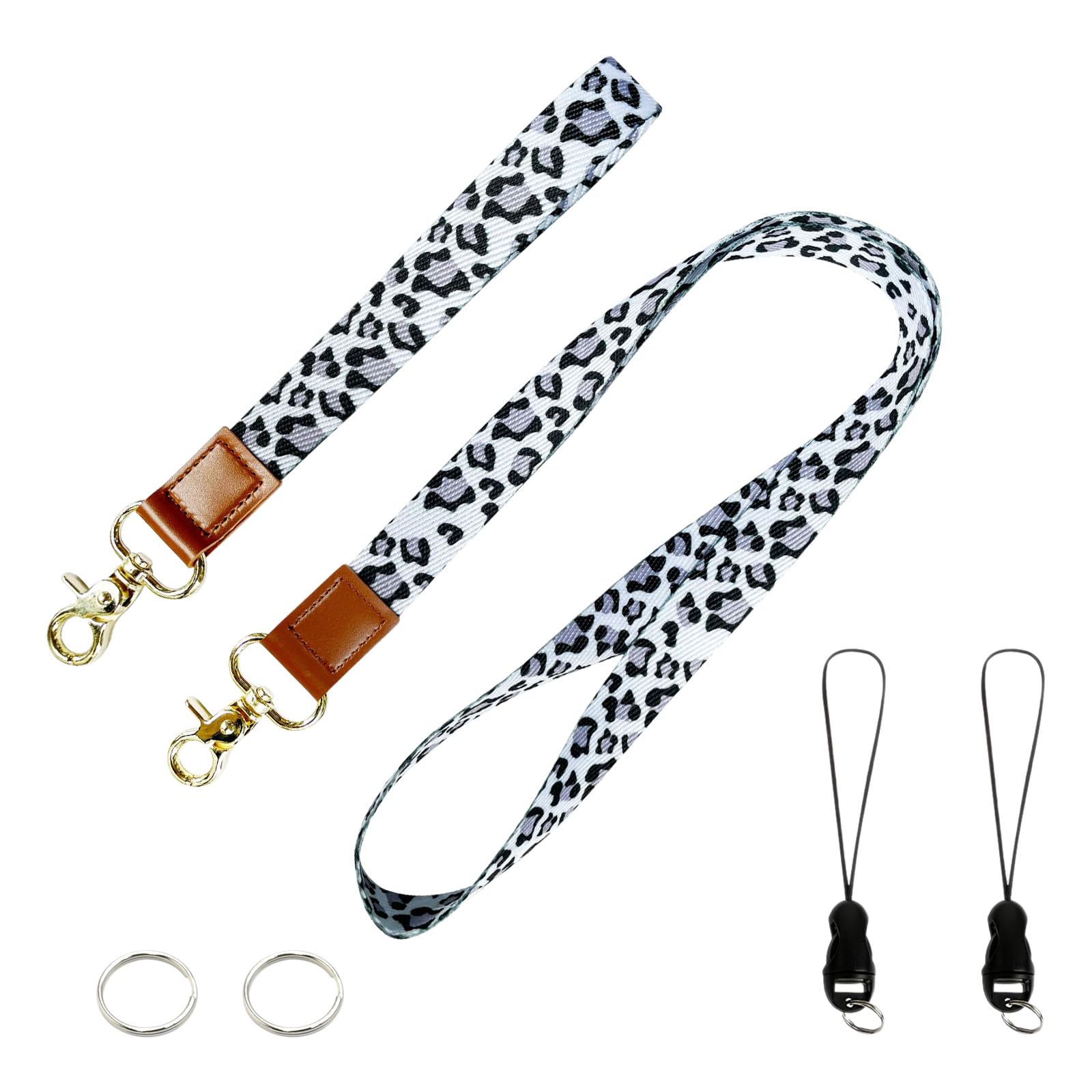PAITOK Neck Lanyard & Wrist Lanyard Strap Set with Metal Clasp Personalised Lanyard with Two Metal Key Rings for ID Badge Holder Keys Charms(Black and Gray Leopard Print)