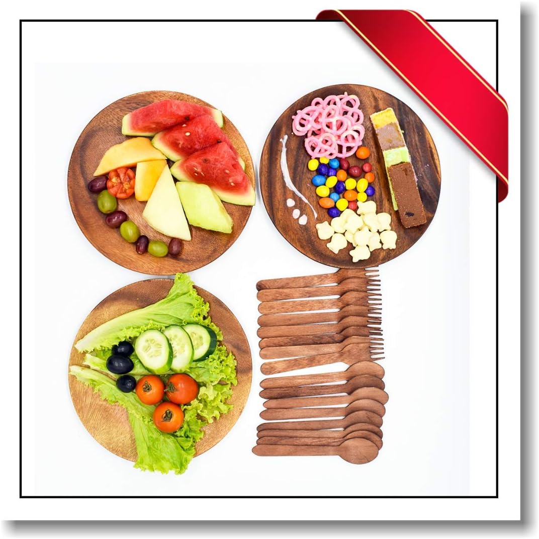 Innovatronix 3 Pieces Handmade 9 Inches Wooden Acacia Round Plates/Trays - Set of 3 - FREE 6 Pairs Of Wooden Disposable Spoons And Forks | 9x1 Inches
