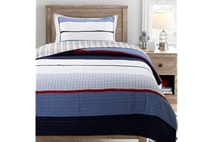 Cozy Line Home Fashions Navy Blue Red Striped Boy 100% Cotton Reversible Quilt Bedding Set, Coverlet, Bedspread (Harlan, Twin - 2 Piece)