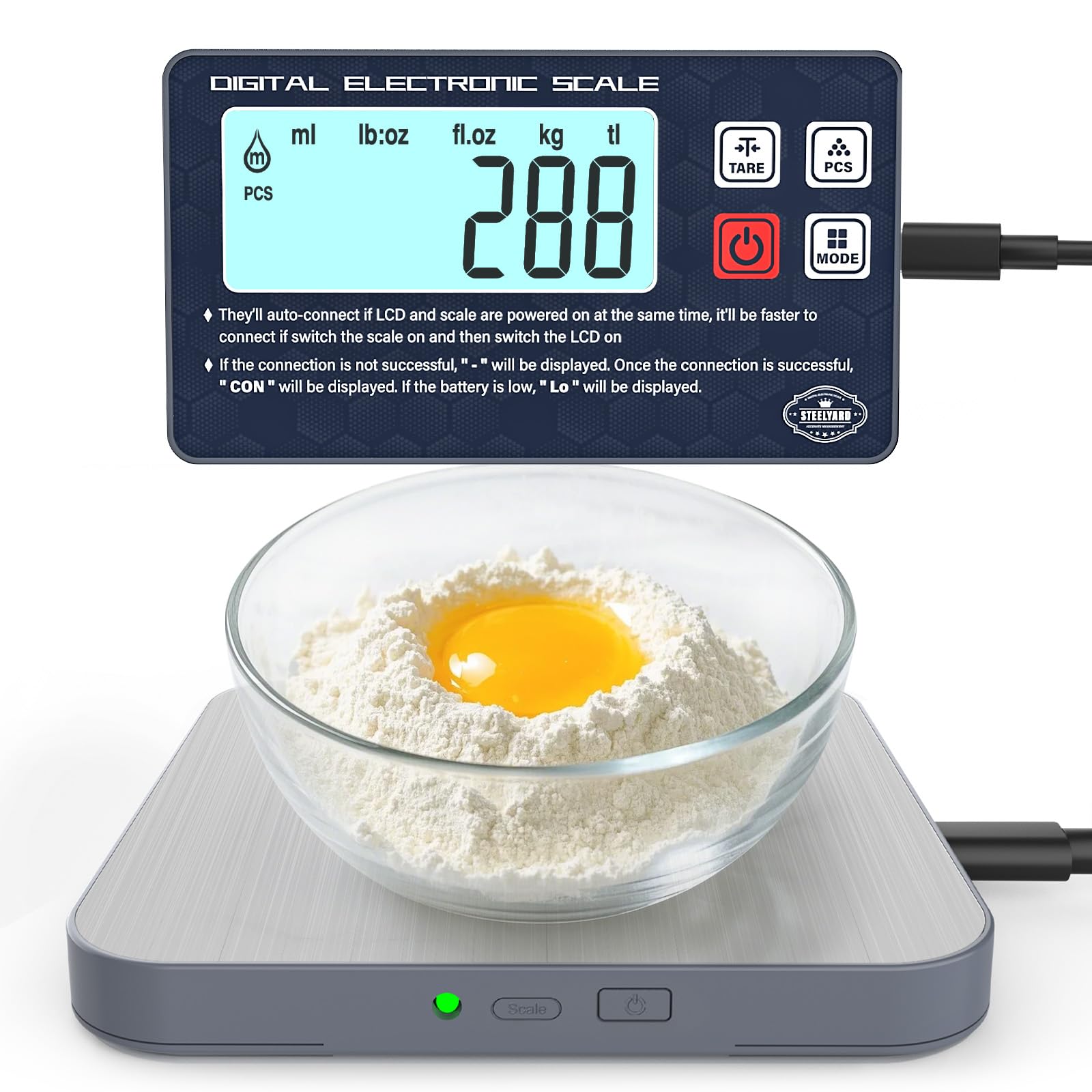 Rechargeable Digital Kitchen Food Scale - Detachable Display Electronic Weight Scale for Bread Making & Coffee Brewing, 304 Stainless Steel Platform, Backlit LCD, Count Mode, Wall-Mount & Tilt Stand