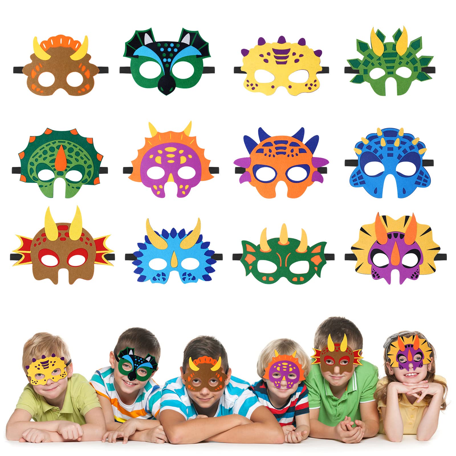 URAQT Dinosaur Masks for Kids, 12 Pcs Felt Dinosaur Cosplay Mask, Dinosaur Costumes Felt Masks Animals Dinosaur Fancy Dress Up Eye Mask Toy Party Favors for Boys & Girls Party Bags Fillers