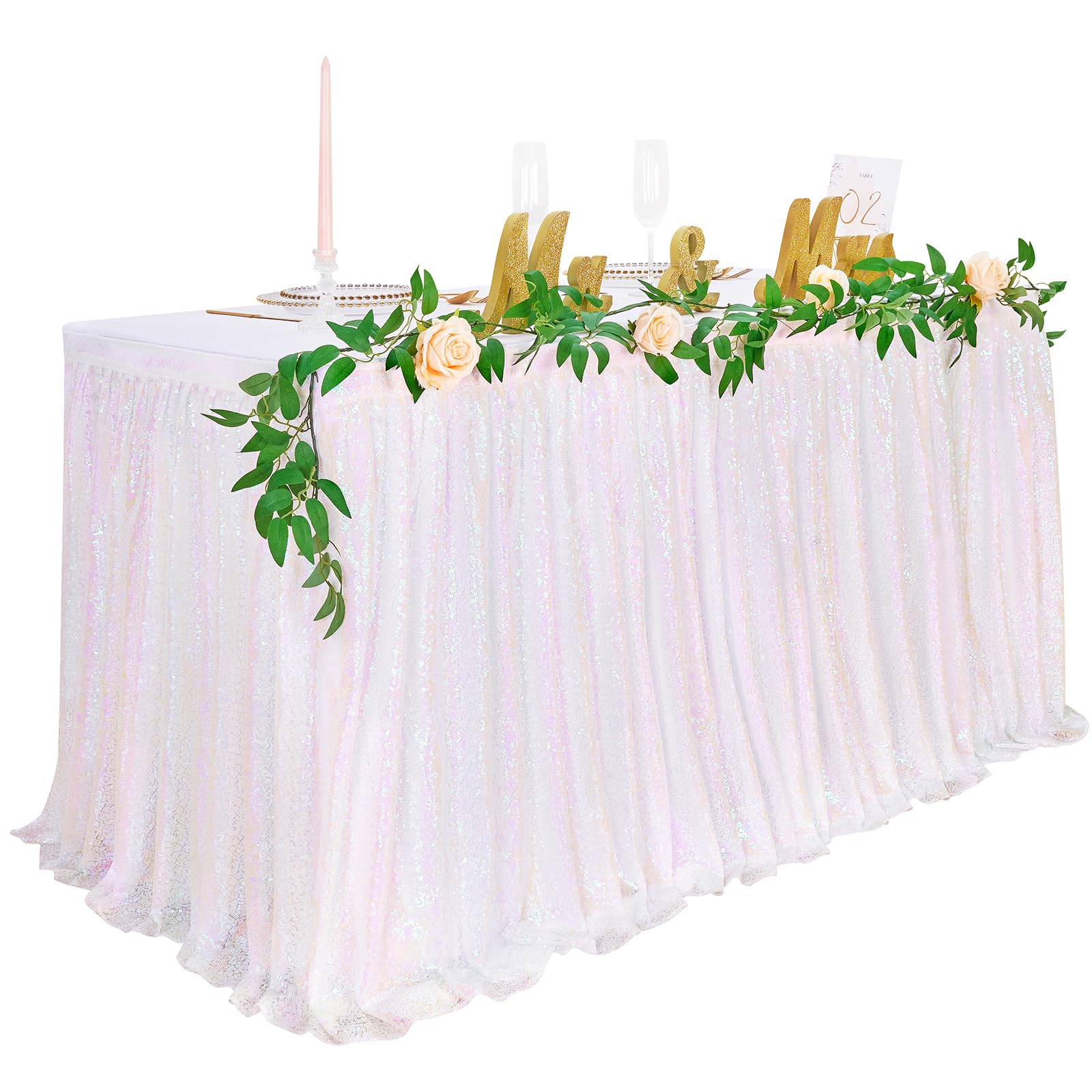 QueenDream Table Skirt 14ft White Iridescent Sequin