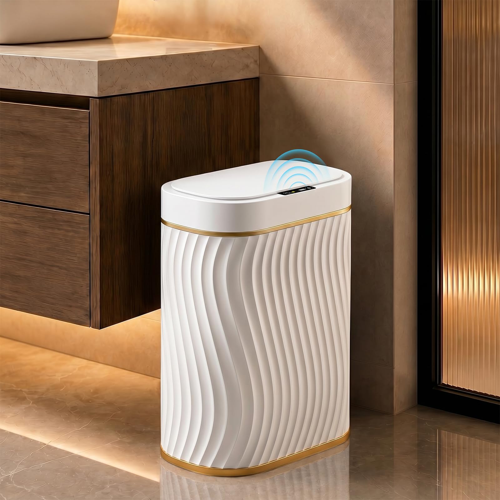 Bote de basura automático para baño de 5 galones con tapa sin contacto, oro blanco
