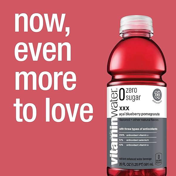 VITAMINWATER XXX ACAI-BLUEBERRY-POMEGRANATE ZERO SUGAR, FLAVORED WATER BEVERAGE, 20 FL OZ BOTTLES, 12 PACK