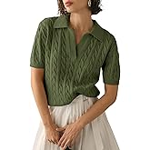 Imily Bela Women's Cable Short Sleeve Sweaters Tops Solid Lapel V Neck Knit Casual Soft Pullover Shirt