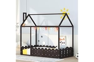 MERITLINE Twin Size House Bed for Kids Wood Playhouse Bed Frame with Rails, Montessori Floor Beds with Roof for Baby Girls Boys Teens (Espresso)