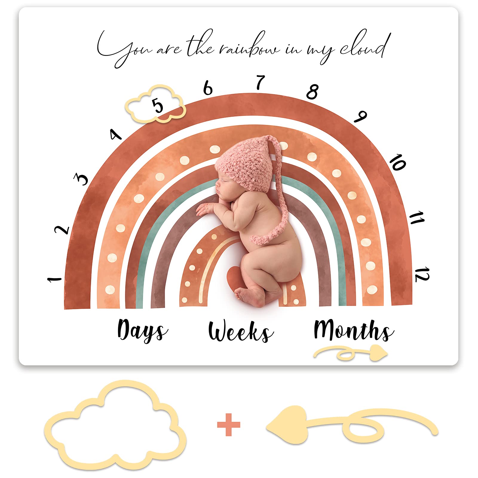 Photo 1 of Tegeme Boho Rainbow Monthly Milestone Blanket Rainbow Newborn Boy Girl Unisex Milestone Blanket Muted Baby Monthly Picture Infant Growth Photography Background Nursery Photo Prop 40 x 50 Inch