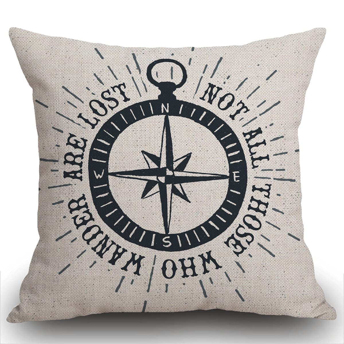 45x45cm Cushion Cover Not All Those Who Wander Are Lost Inspirational Travel Quote Decoration with Nautical Compass Rose Vintage Décor Cotton Linen Home Decorative Throw Pillow Case Sofa Couch 18"x18"