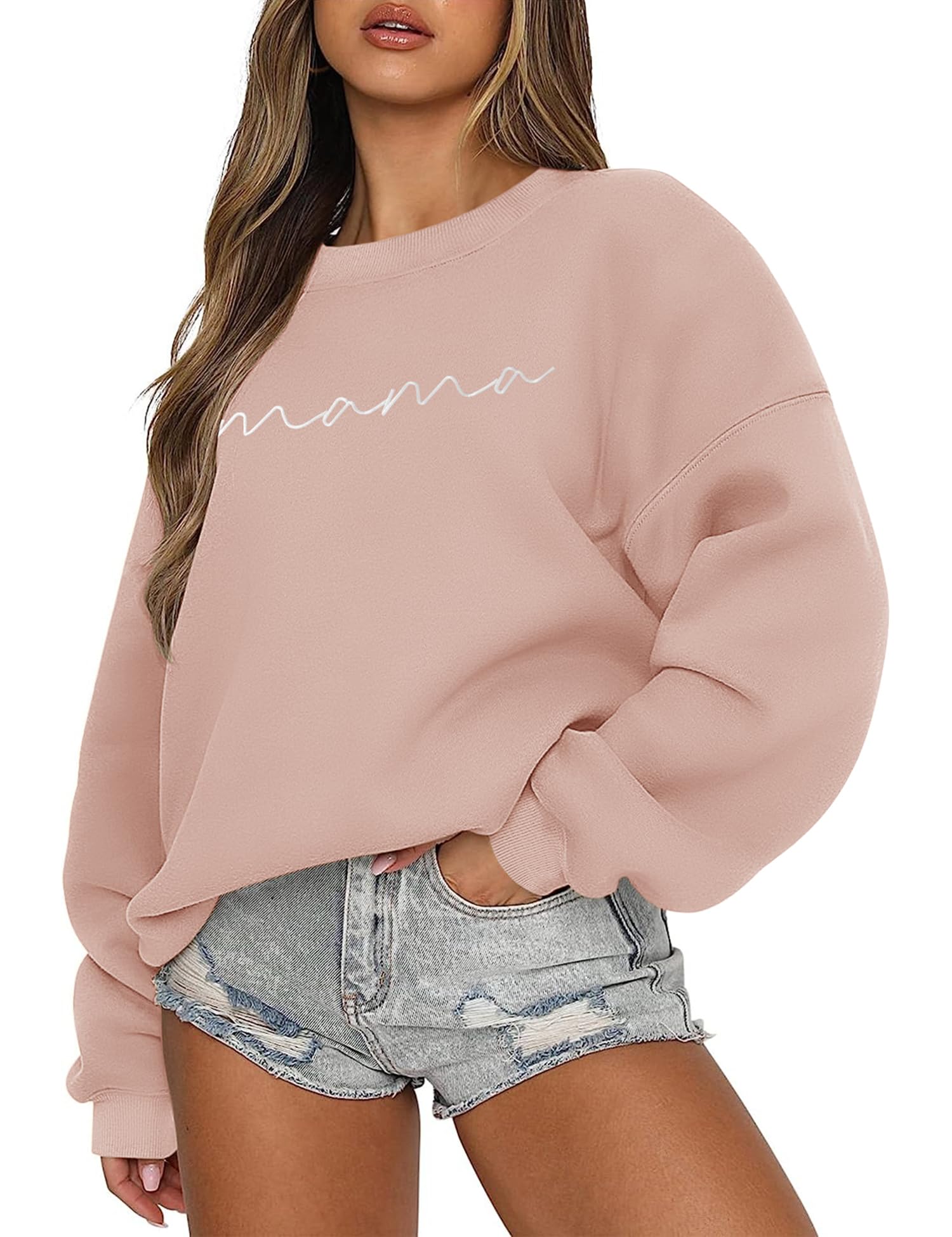 LOMON Graphic Sweatshirts for Women Oversized Crewneck Long Sleeve Casual Loose Fit Pullover Sweater（MAMA Light Pink Letter,M Image