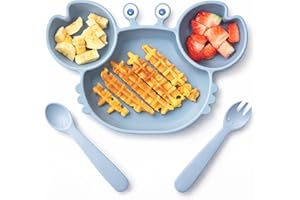 ROCCED Suction Plates for Baby, Silicone Plates with Suction Divided, Baby Spoon Fork Set for Toddler Baby Dishes Kids Utensils-Crab Dusty Blue
