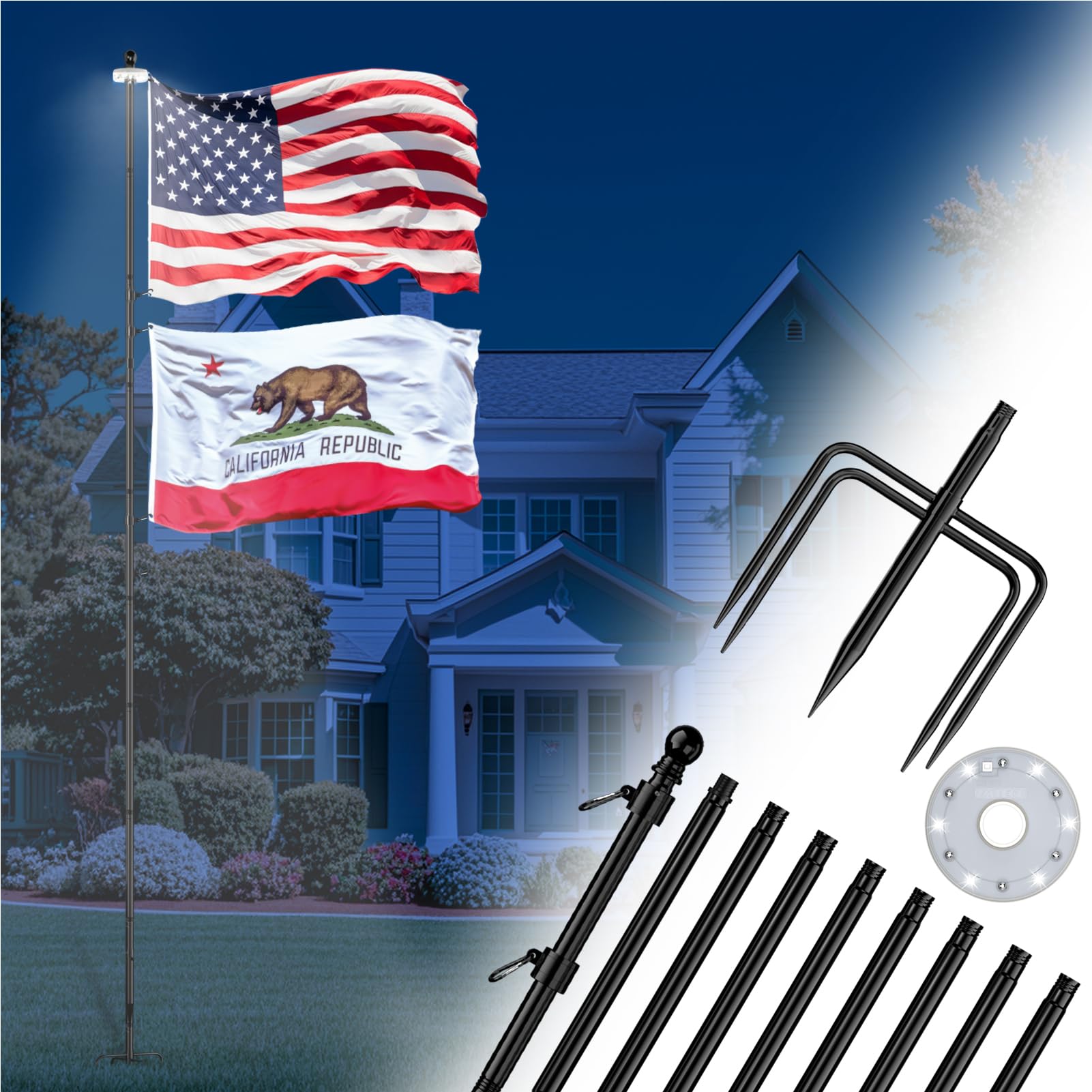 Photo 1 of ZMTECH 12 FT Heavy Duty Flag Pole with Solar Light & 5 Pronges Base in Ground for Yard, Tangle Free Spinning Stainless Steel,Windproof, Fit for 2 Flags |Outside House Residential |Commercial 1 Pack