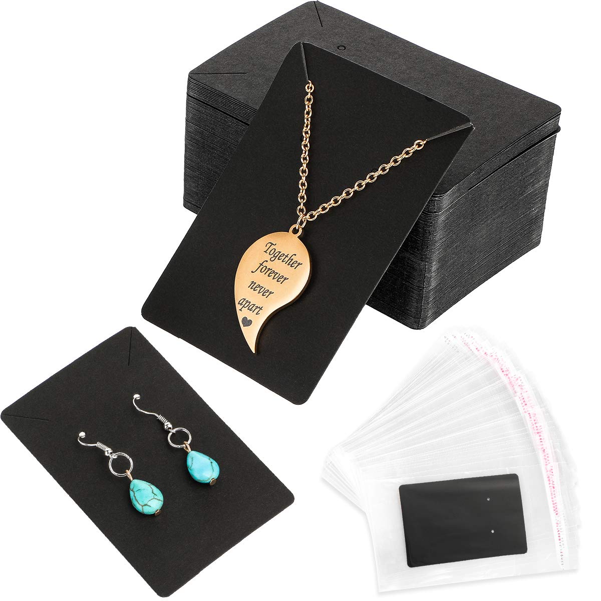Litthing Earring Card Display Earring Holder Cards 100PCS Earring Tags + 200PCS Self Seal Bags for Earrings Necklace Jewelry Display 5x2.4 Inches (Black)