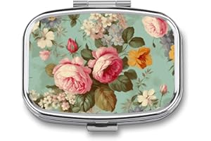 Vintage Floral Flowers Pill Organizer,Two Compartments Medicine Organizer Small Pill Box Metal Portable Medicine Box Travel P