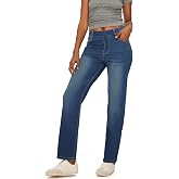 Fanica Women's High Rise Straight Leg Jeans | Stretch Pull On,Elastic Waist, No Button or Zipper, 5 Real Pockets, Denim Pants