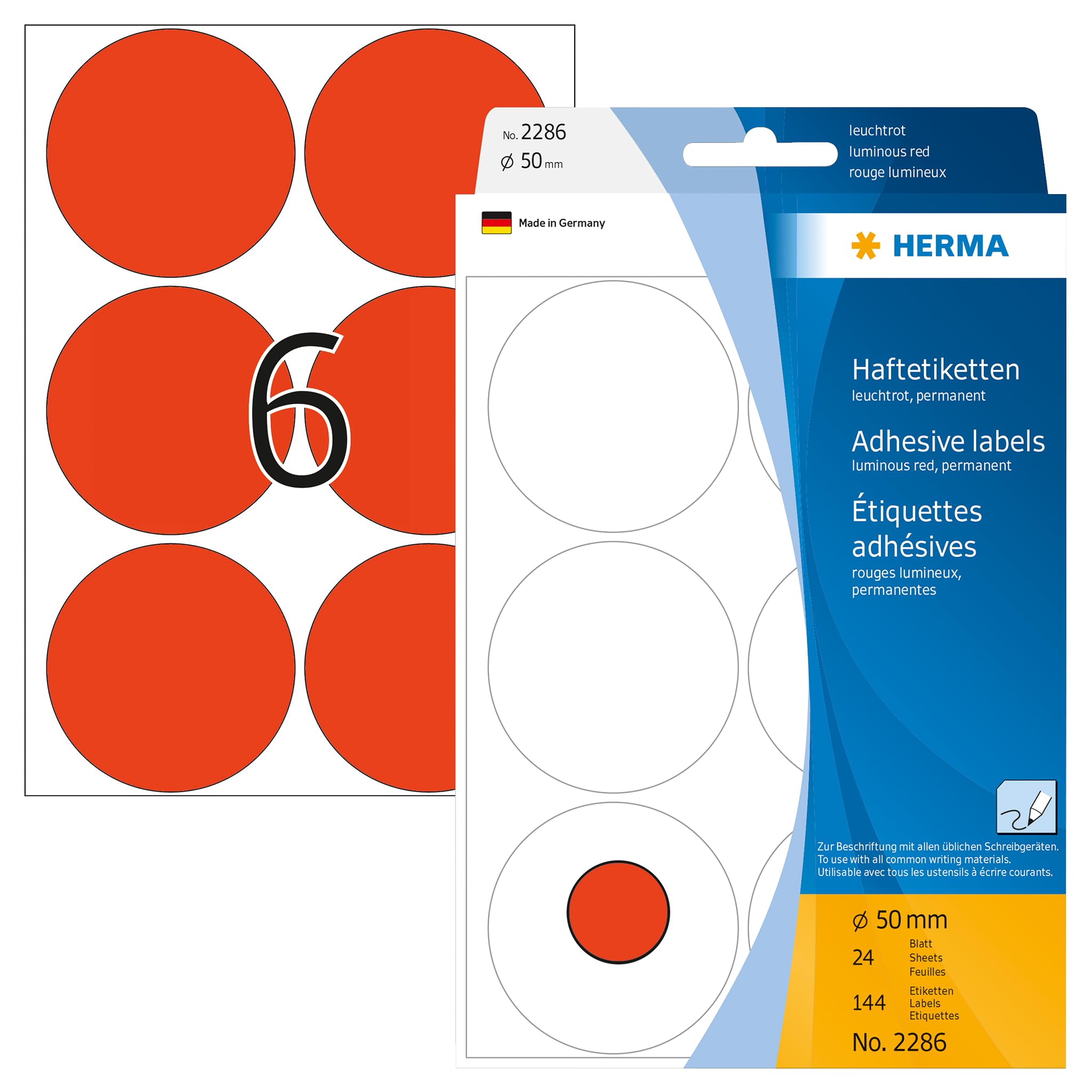 HERMA Luminous Red Dot Stickers, 144 Labels, Ø 50 mm, 6 per Sheet, Self-Adhesive Round Color Coding Dots for Calendar, Blank Marking Circles