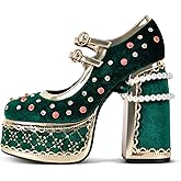 onlymakerheels High Platform Heels Chunky Heels Ankle Strap Closed Toe Pumps for Party