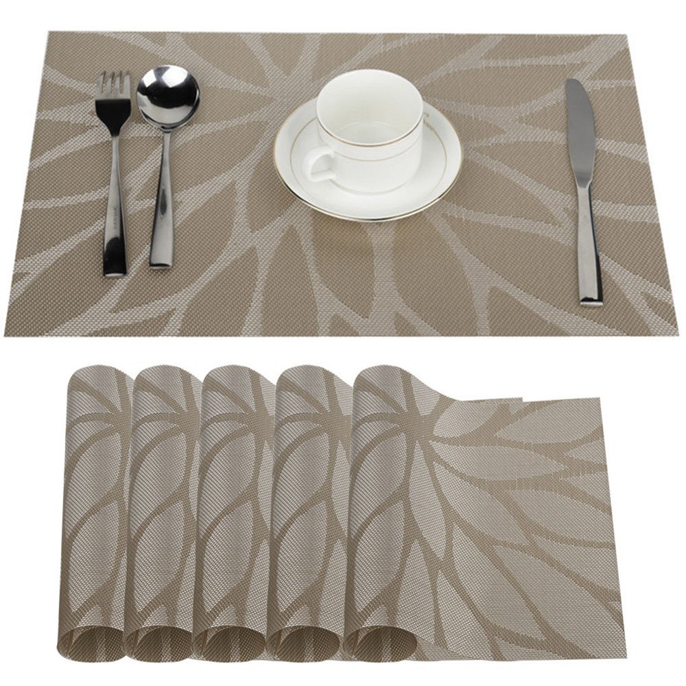 Fontic set of 6 placemats 30 x 45 cm, non-slip, washable, PVC table mats, tear-proof, heat resistant, dirt repellent and washable place mats for kitchen, dining table khaki