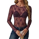 GKBK Womens Mesh Long Sleeve Tops Crew Neck Sexy See Through Tee Shirts Party Club Night Lace Blouse