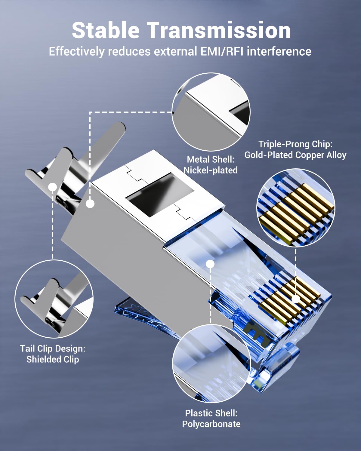 VCELINK Cat6A RJ45 Connector Shielded Non-Pass Through 25-Pack, Gold-Plated Modular Plug RJ45 Ends for Cat7/Cat6A STP/FTP Cable Solid and Stranded Ethernet Wire，Blue (RJ45 Connectors, 25 Pack)